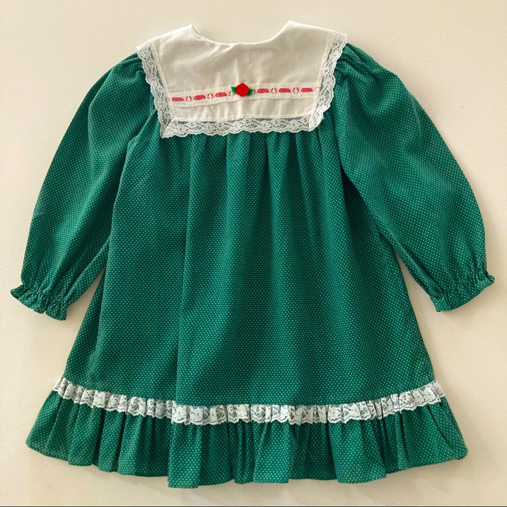 Vintage USA Girls Green Holiday Ruffle Lace Dress - Picture 1 of 11